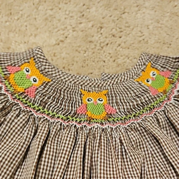 Smocked Gingham Girls Owl Dress 12m - Picture 3 of 5